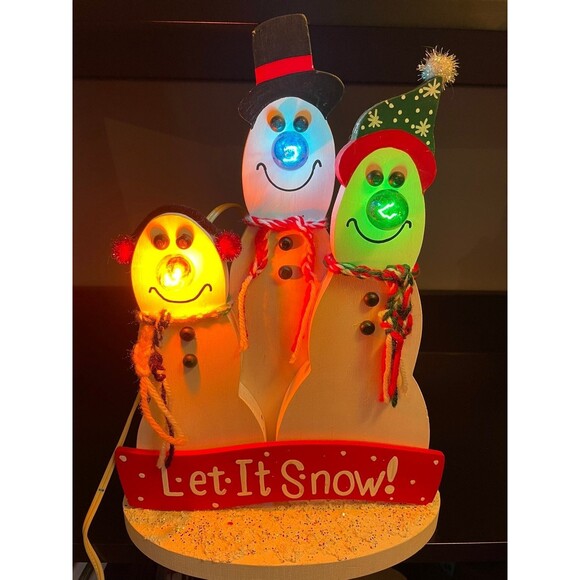 Handmade Wooden Snowman Trio w Electric Light Bulb Noses Let it Snow - Picture 1 of 8